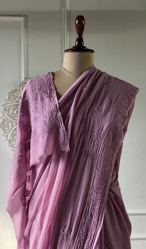 hand chikankari across the rose pink viscose georgette saree body