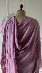 Load image into Gallery viewer, pallu of the rose pink viscose georgette saree, resham fine chikankari