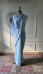 Load image into Gallery viewer, powder blue viscose georgette chikankari saree draped on mannequin