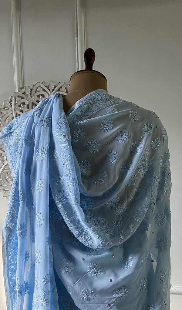 powder blue viscose georgette saree, drape and pleats