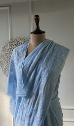 Load image into Gallery viewer, pallu of the powder blue viscose georgette saree, resham fine chikankari