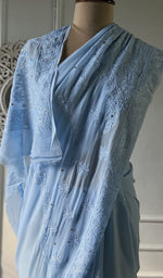 Load image into Gallery viewer, powder blue viscose georgette saree seen from the back