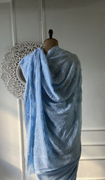 Load image into Gallery viewer, pallu of the powder blue viscose georgette saree, resham fine chikankari