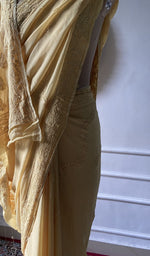 Load image into Gallery viewer, close view of the resham fine chikankari on yellow viscose georgette