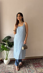 Blue 2 pc stitched kurta set on the model, full length, front
