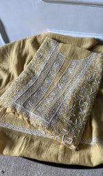 Load image into Gallery viewer, Mustard mul chanderi kurta piece folded, badla and mukaish work in view