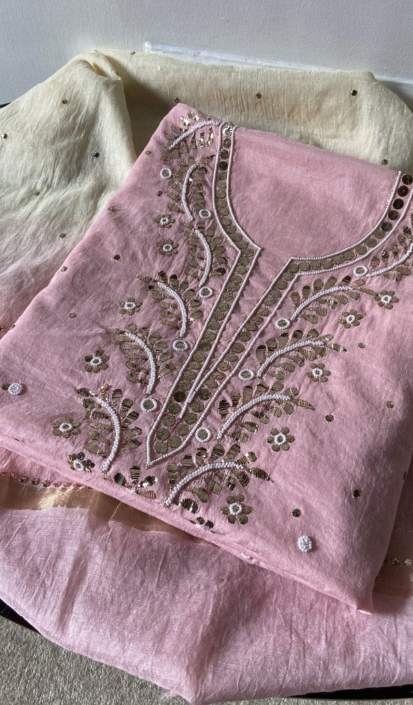 pink pure mul chanderi chikankari suit set, folded