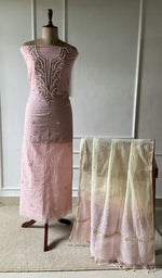 pink pure mul chanderi chikankari set on the mannequin with the dupatta