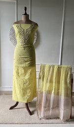 yellow pure mul chanderi chikankari set on the mannequin with the dupatta