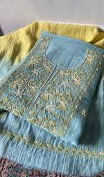 Load image into Gallery viewer, Aqua pure mul chanderi kurta piece folded, fine chikankari in view