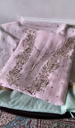 Load image into Gallery viewer, Lilac pure mul chanderi kurta piece folded, fine chikankari in view