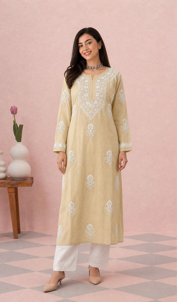 Beige modal cotton kurti on the model, full length