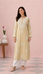 Beige modal cotton kurti on the model, full length