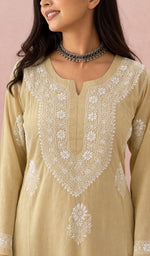 Beige kurti, neckline and yoke embroidery up close