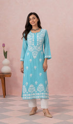 Sky Blue modal cotton kurti on the model, full length