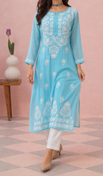 Sky Blue kurti from the front, styled with a white pant