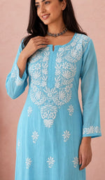 Sky Blue kurti upper body with the neckline chikankari