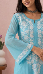 Sky Blue kurti, sleeve and chikankari up close