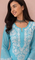 Sky Blue kurti, neckline and yoke embroidery up close