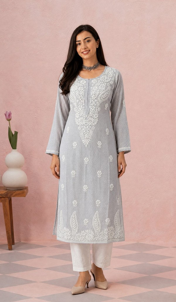 Grey mul cotton kurti on the model, full length
