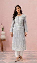 Grey mul cotton kurti on the model, full length
