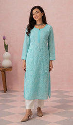 Aqua cotton kurti on the model, full length