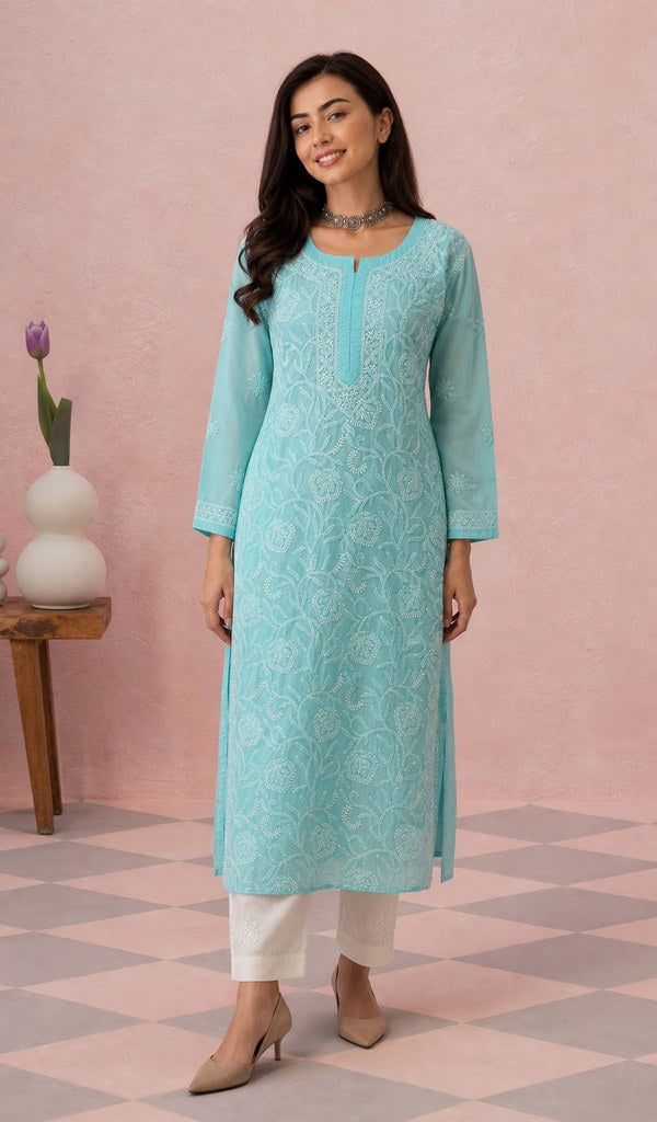 Aqua cotton kurti on the model, full length