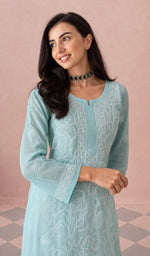 Aqua kurti, sleeve and chikankari up close