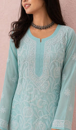 Aqua kurti, neckline and yoke embroidery up close