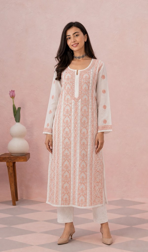White cotton kurti on the model, full length