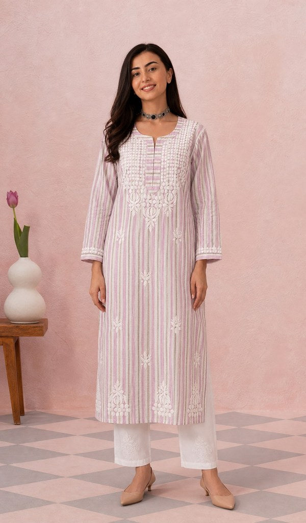 Pink cotton kurti on the model, full length