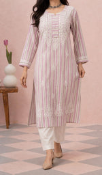 Pink kurti from the front, styled with a white pant