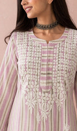 Pink kurti, neckline and yoke embroidery up close