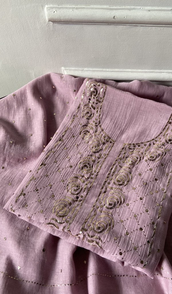 Folded lilac pure mul chanderi, gala panel showing
