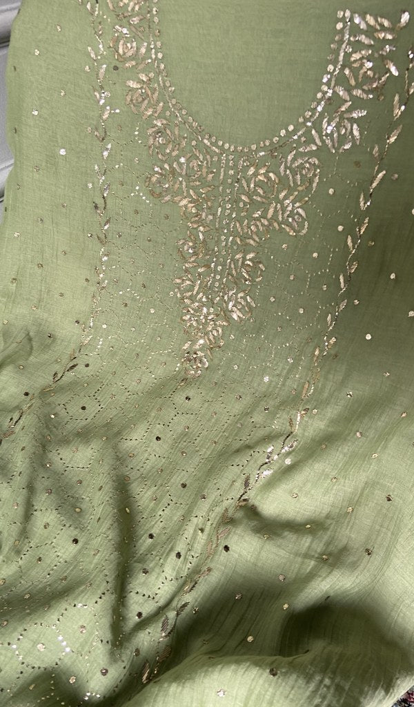 Close view of the chikankari on the pistachio kurta