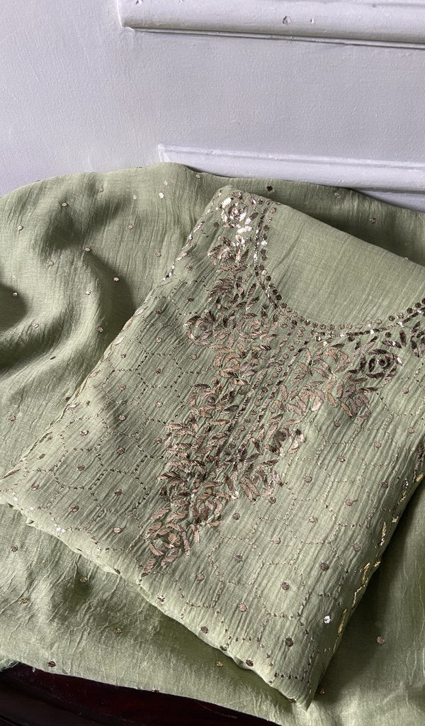 Folded pistachio pure mul chanderi, gala panel showing