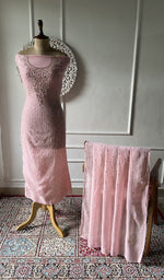 将图像加载到图库查看器中， Rose pink pure mul chanderi chikankari suit set on the mannequin, dupatta alongside