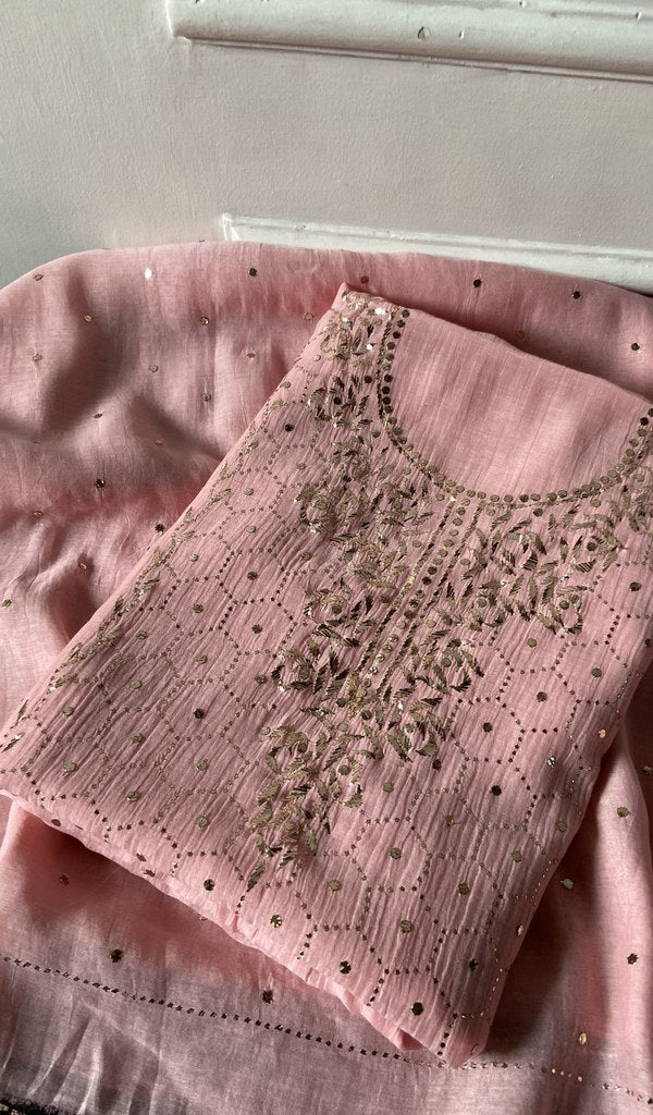 Folded rose pink pure mul chanderi, gala panel showing