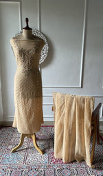 将图像加载到图库查看器中， Beige pure mul chanderi chikankari suit set on the mannequin, dupatta alongside