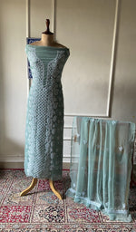 Load image into Gallery viewer, sea green faux georgette chikankari 3 pc unstitched suit set on mannequin