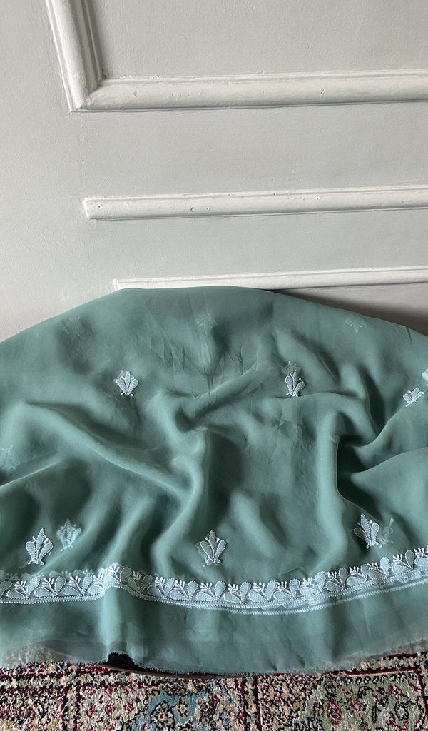 sea green faux georgette, full piece laid out