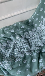 Load image into Gallery viewer, gala and front chikankari on sea green faux georgette