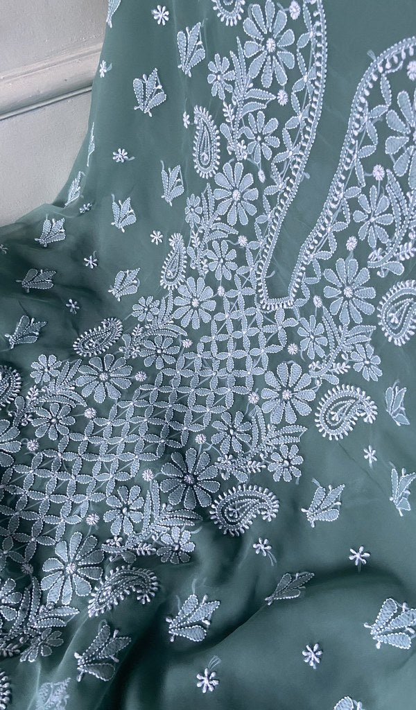 fine chikankari on sea green faux georgette