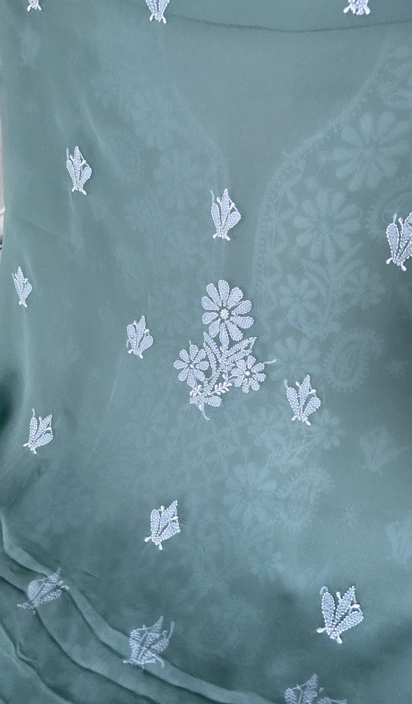 dupatta chikankari detail, sea green faux georgette