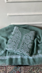 Load image into Gallery viewer, sea green faux georgette chikankari 3 pc unstitched suit set, folded