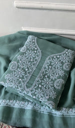 Load image into Gallery viewer, sea green chikankari set folded, worked panel on top