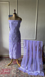 Load image into Gallery viewer, lavender faux georgette chikankari 3 pc unstitched suit set on mannequin
