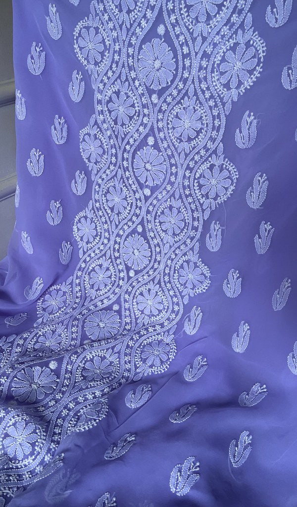 close view of the hand embroidery, lavender faux georgette
