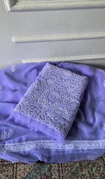 Load image into Gallery viewer, lavender faux georgette chikankari 3 pc unstitched suit set, folded