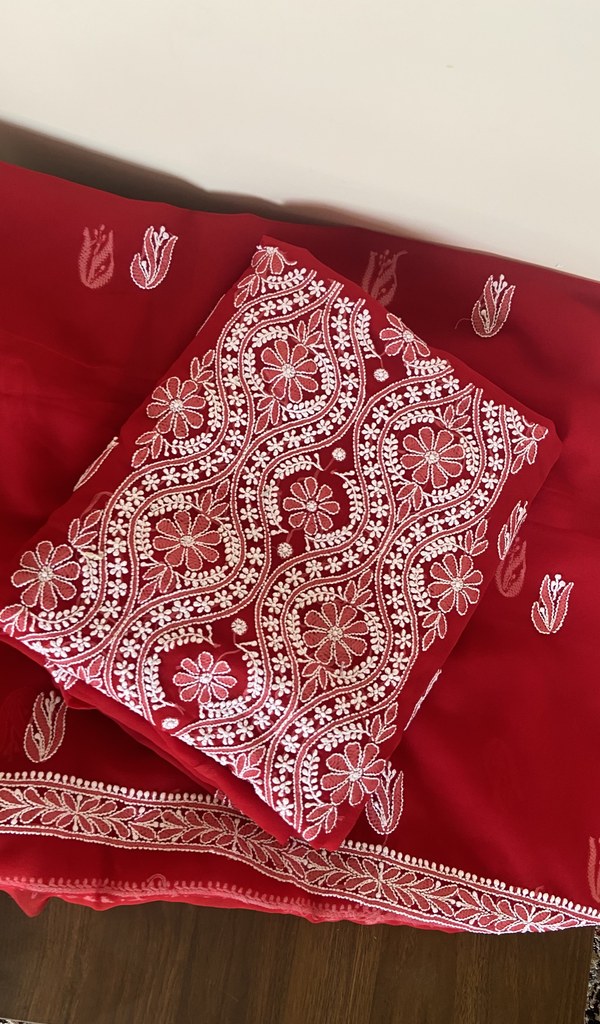 Folded red faux georgette kurta, gala and neckline work